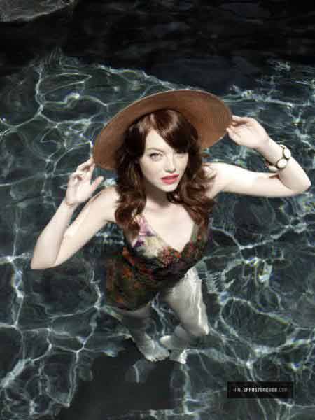 Actress Emma Stone Swimsuit Shoot in Shinny Pool Water