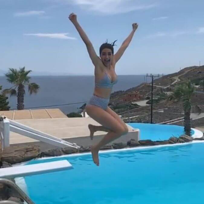 Sexy Karishma Tanna Bikini Images Jumping in Swimming Pool